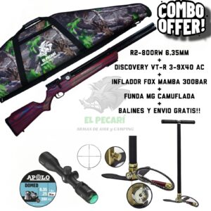 COMBO PCP N°3: RIFLE RED TARGET R2-800RW 6,35mm + MIRA DISCOVERY + INFLADOR + FUNDA + BALINES Y ENVIO.