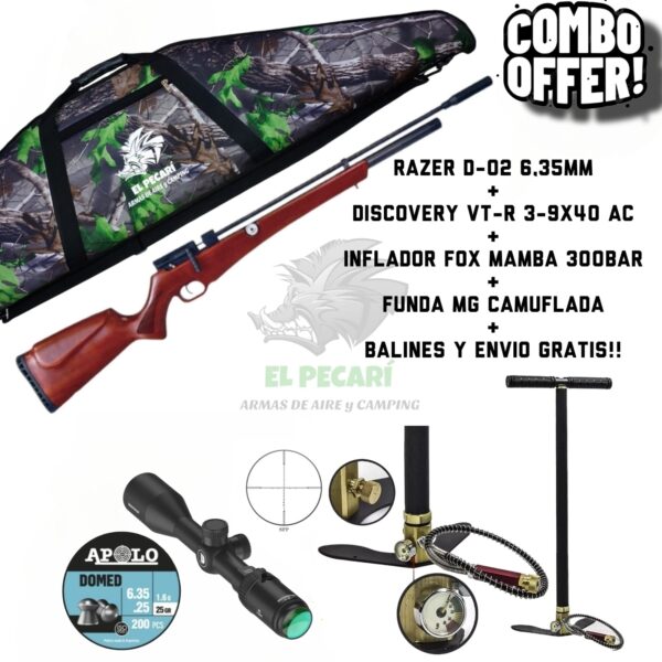 COMBO PCP N°2: RIFLE RED TARGET RAZER D-02 6,35mm + MIRA DISCOVERY + INFLADOR + FUNDA + BALINES Y ENVIO.