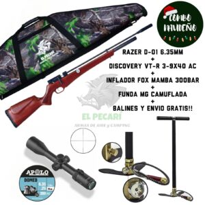 COMBO PCP N°1: RIFLE RED TARGET RAZER D-01 6,35mm + MIRA DISCOVERY + INFLADOR + FUNDA + BALINES Y ENVIO.