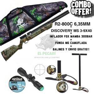 COMBO PCP N°4: RIFLE RED TARGET R2-800C 6,35mm + MIRA DISCOVERY + INFLADOR + FUNDA + BALINES Y ENVIO.