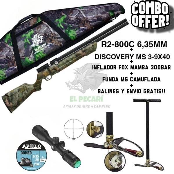 COMBO PCP N°4: RIFLE RED TARGET R2-800C 6,35mm + MIRA DISCOVERY + INFLADOR + FUNDA + BALINES Y ENVIO.